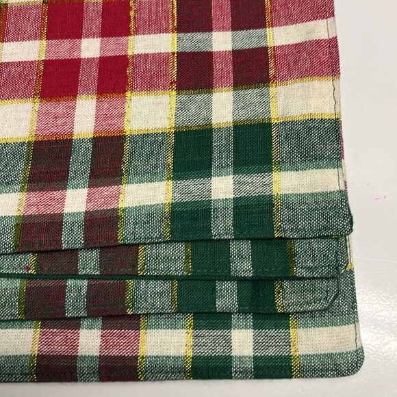 Cotton Plaid Christmas Rectangular Placemats  Set of 4 Green Red Cream and Gold - Picture 2 of 5